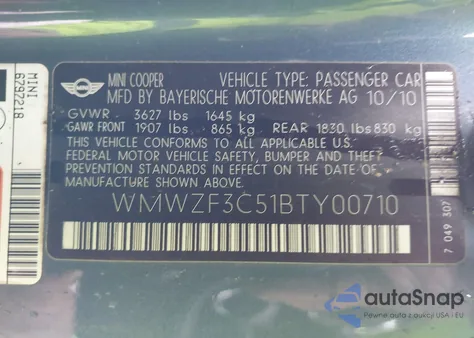 2011 Mini Cooper Clubman from USA, damaged, VIN WMWZF3C51BTY00710